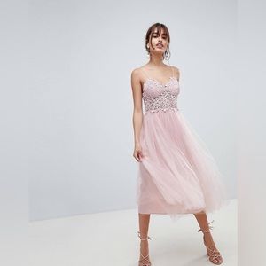ASOS Tulle and Lace Pink Spaghetti Strap Midi Dress